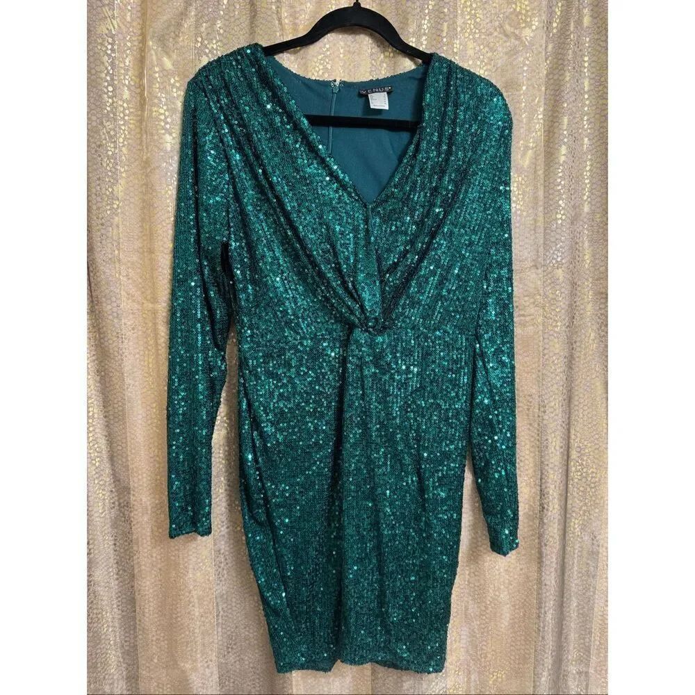 Venus Green Sparkly Sequin Long Sleeve Twist Front Mini Cocktail Dress 8